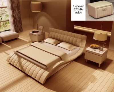 lit design en cuir italien de luxe belia, beige, avec 1 chevet erima inclus