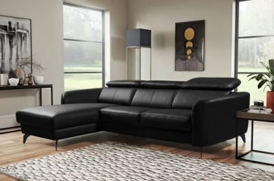 canapé d'angle en cuir de luxe italien , 5 places berti, noir, angle gauche