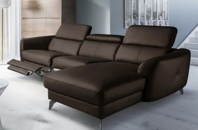canapé d'angle relax en cuir de luxe italien avec relax électrique, 5 places bertoni, chocolat, angle droit