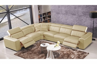 canapé d'angle double relax électrique en cuir de buffle italien de luxe 7/8 places bestrelax beige et blanc, angle gauche, table offerte