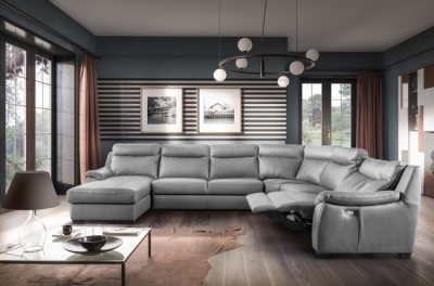 canapé d'angle relax et convertible en cuir épais de luxe italien avec relax électrique, 8 places bosini, gris, angle droit