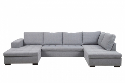 canapé d'angle panoramique en tissu de qualité 6/7 places bostar, gris clair, avec méridienne, angle droit et méridienne à gauche