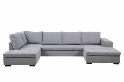 canapé d'angle panoramique en tissu de qualité 6/7 places bostar, gris clair avec méridienne, angle gauche et méridienne à droite