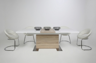 table à manger design laqué blanc brillant et chêne sonoma à rallonge, bretini