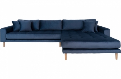 canapé d'angle en tissu velours de qualité, lima velours, coloris bleu foncé, angle droit