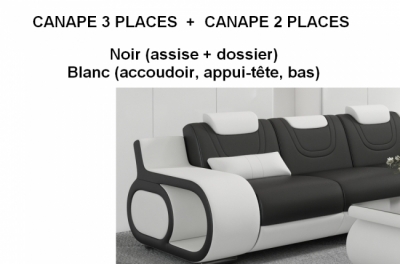 ensemble canapé 3 places et 2 places en cuir italien vachette bologne, couleur noir et blanc blanc