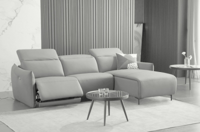 canapé d'angle avec un relax électrique en cuir de buffle italien de luxe 6 places boston gris clair, angle droit