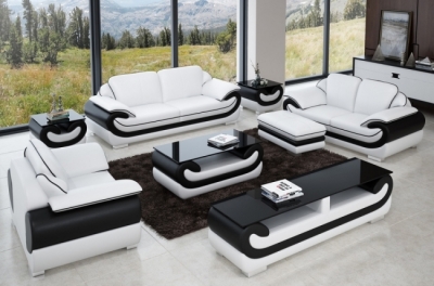 ensemble canapé 3 places et 2 places et fauteuil en cuir italien vachette candide, couleur blanc et noir