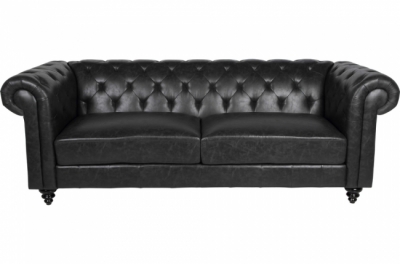 canapé 3 places charleston de qualité en simili cuir look vintage, coloris noir