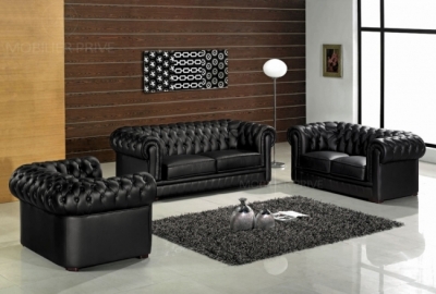 ensemble 3+2+1, canapé 3 places et canapé 2 places et fauteuil 1 place en cuir luxe italien chesterfield, noir