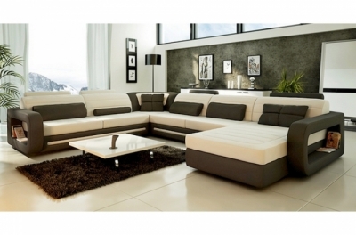 canapé d'angle cristal ii en cuir haut de gamme italien vachette vénésetti. cuir prestige luxe. ecru 435 couleur principale et chocolat 505 couleur secondaire. configuration angle: méridienne à droite vu de face. vénésetti