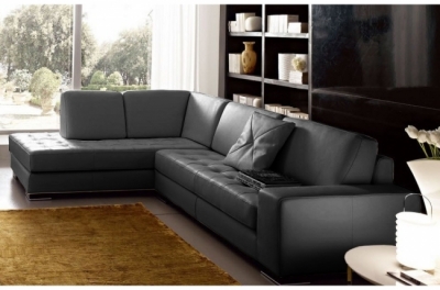 canapé d'angle divano en cuir italien vachette de qualité, noir, angle gauche