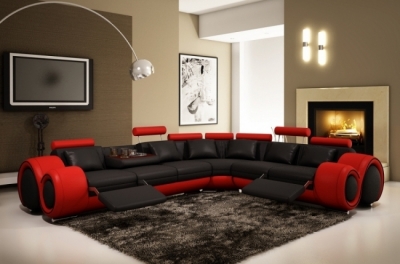 canapé d'angle en cuir prestige luxe  italien 7 places excelia, noir et rouge avec 2 tables ritz offerts