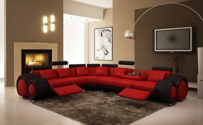 - canapé d'angle en cuir italien 5/6 places petit excelia, rouge et noir, angle gauche