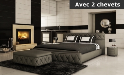 lit en cuir italien de luxe farniente 180x200, gris foncé. et 2 chevets dory