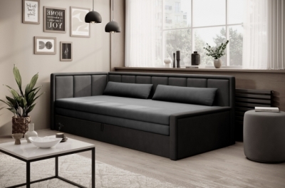 canapé convertible en tissu avec rangement, gris et noir, angle gauche, fula