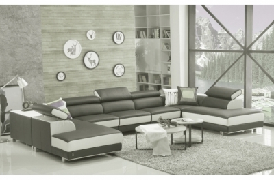 canapé d'angle en cuir buffle italien de luxe 8/9 places giant, gris foncé et blanc