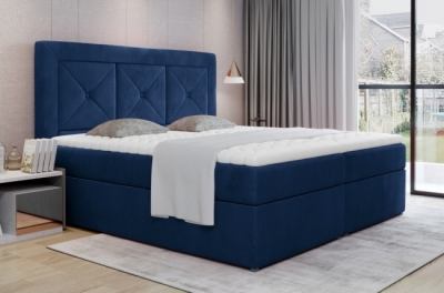 ensemble boxspring complet tête de lit + sommiers + matelas + surmatelas idylle - velours luxe bleu - 160x200 cm