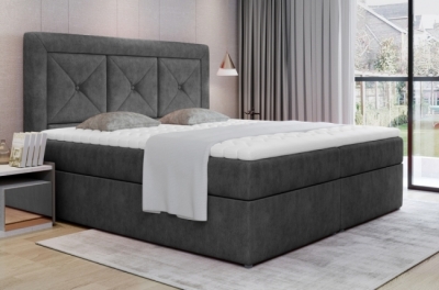 ensemble boxspring complet tête de lit + sommiers + matelas + surmatelas idylle - tissu luxe gris foncé - 140x200 cm