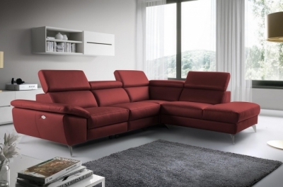 canapé d'angle relax en 100% tout cuir épais de luxe italien avec relax électrique, 5/6 places kaster, rouge bordeaux, angle droit