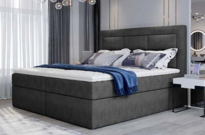 ensemble boxspring complet tête de lit + sommiers + matelas + surmatelas vista de venesetti - tissu luxe gris foncé - 140 x 200 cm