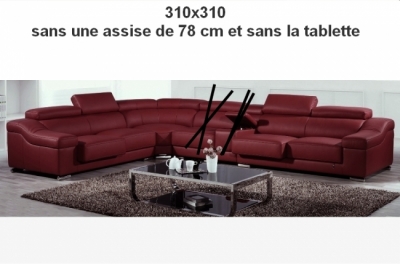 commande sur mesure: canapé d'angle en cuir buffle italien de luxe londres bordeaux, sur mesure personnalisé, 310x310 cm, une assise en moins de 78 cm et la tablette en moins, sur la grande longueur