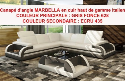 canapé d'angle marbella en cuir haut de gamme italien  gris 628 principale et ecru 435 secondaire