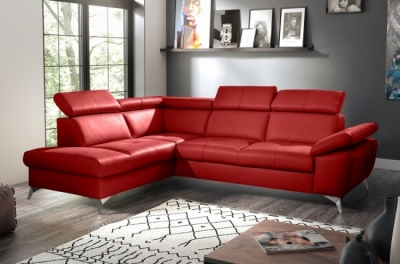 - canapé d'angle convertible en cuir italien de luxe 5 places milos, avec coffre, rouge foncé, angle gauche (vu de  face)