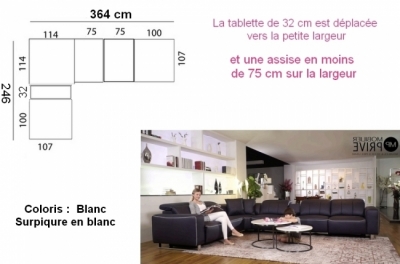 canapé d'angle relax fabrication personnalisee sur mesure 364 x 246 cm, cuir buffle italien luxe, 2 relax électriques, monte carlo. blanc surpiqure blanche, angle gauche, pouf offert