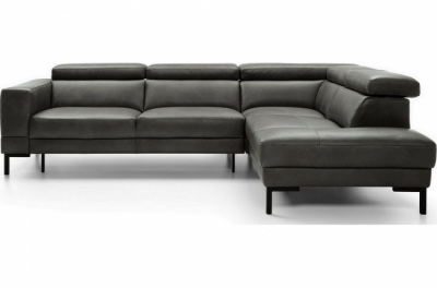 canapé d'angle en 100% tout cuir italien de luxe 5/6 places naya, assise électrique qui coulisse, gris foncé, angle droit