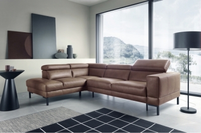 canapé d'angle en 100% tout cuir italien de luxe 5/6 places naya, assise électrique qui coulisse, marron, angle gauche