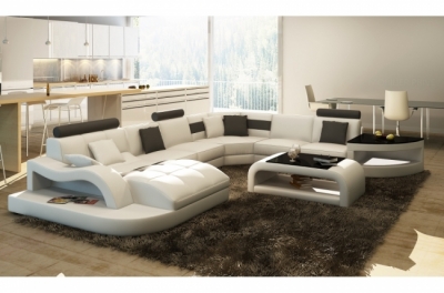 canapé d'angle en cuir italien 8 places nordik, blanc et gris foncé