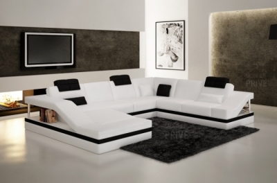canapé d'angle en cuir italien 8 places perfect, blanc et noir