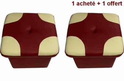 2 poufs en cuir de luxe - belle qualité - cuir épais - bordeaux ét écru - vista : 1 acheté + 1 offert = 2 poufs