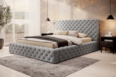 lit 180x200 capitonné en velours luxe avec coffre, gris, primo