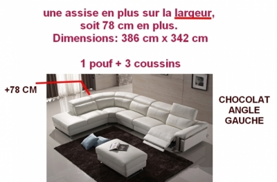 autre acompe commande: canapé d'angle relax en cuir buffle italien de luxe relaxino sur mesure personnalisé, chocolat, angle gauche, une assise en plus sur la largeur, 78 cm en plus. 386x342 cm, total de la commande: 2945 euros. +pouf+3 coussins