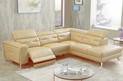 canapé d'angle avec un relax électrique en cuir de buffle italien de luxe 6 places revolax beige, angle droit,  pouf offert