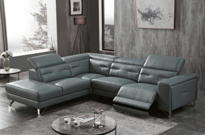 canapé d'angle avec un relax électrique en cuir de buffle italien de luxe 6 places revolax gris foncé, angle gauche,  pouf offert