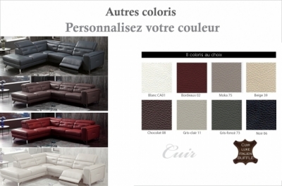 1er paiement acompte de 1046 €: canapé d'angle avec un relax électrique en cuir de buffle italien de luxe 6 places revolax couleur principale blanc cassé et surpiqure noir, angle gauche,  pouf offert, total 3138 euros