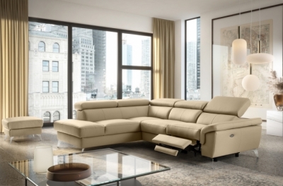 canapé d'angle relax en 100% tout cuir de luxe italien avec relax électrique et coffre -, 5/6 places sorento, beige, angle gauche