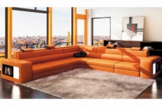 canapé d'angle en cuir italien 6/7 places divina, orange / noir