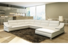 canapé d'angle en cuir luxe italien 7 places angelo, blanc et noir, angle gauche