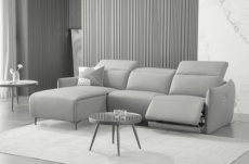 canapé d'angle avec un relax électrique en cuir de buffle italien de luxe 6 places boston gris clair, angle gauche