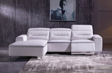 canapé d'angle relax en cuir buffle italien de luxe funrelax, blanc et bande gris clair, angle gauche.