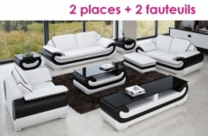 ensemble:composé  un canapé 2 places + 2 fauteuils en cuir italien vachette candide blanc et noir