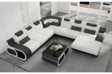 canapé d'angle panoramique en cuir italien 8 places oslo, blanc et noir, angle gauche et méridienne à droite