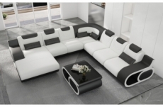 canapé d'angle panoramique en cuir italien 8 places oslo, blanc et noir, angle droit et méridienne à gauche