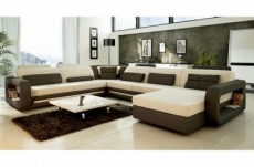 canapé d'angle cristal ii en cuir haut de gamme italien vachette vénésetti. cuir prestige luxe. ecru 435 couleur principale et chocolat 505 couleur secondaire. configuration angle: méridienne à droite vu de face. vénésetti