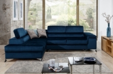 canapé d'angle convertible - erwan - en tissu luxe 5 places, bleu foncé, angle gauche (vu de face)