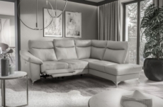 canapé d'angle en cuir italien de luxe 5 places luzerne, avec relax électrique et coffre, gris clair, angle droit